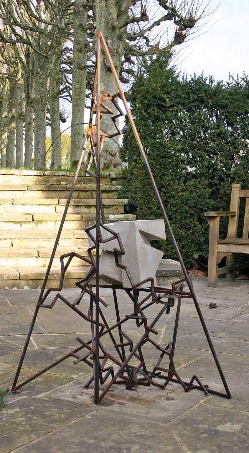 Triangulum at Mottisfont Abbey (abstract sculpture) by sculptor Ian Campbell-Briggs